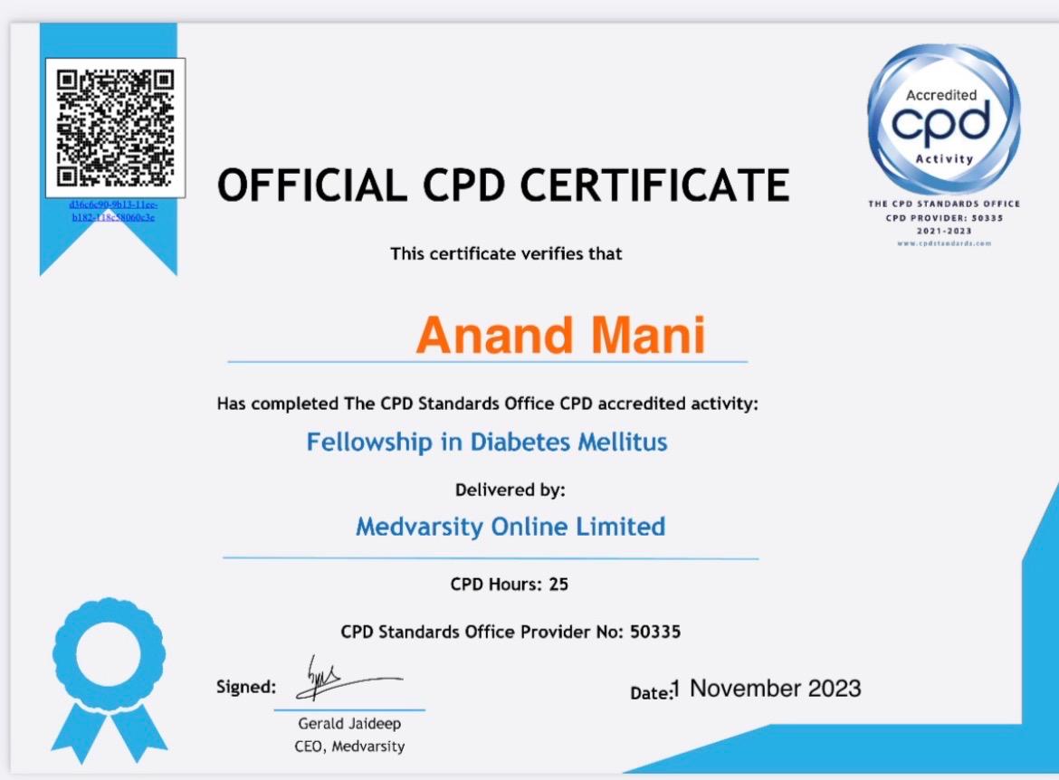 Official CPD Certificate — Fellowship in Diabetes Mellitus (25 CPD Hours)